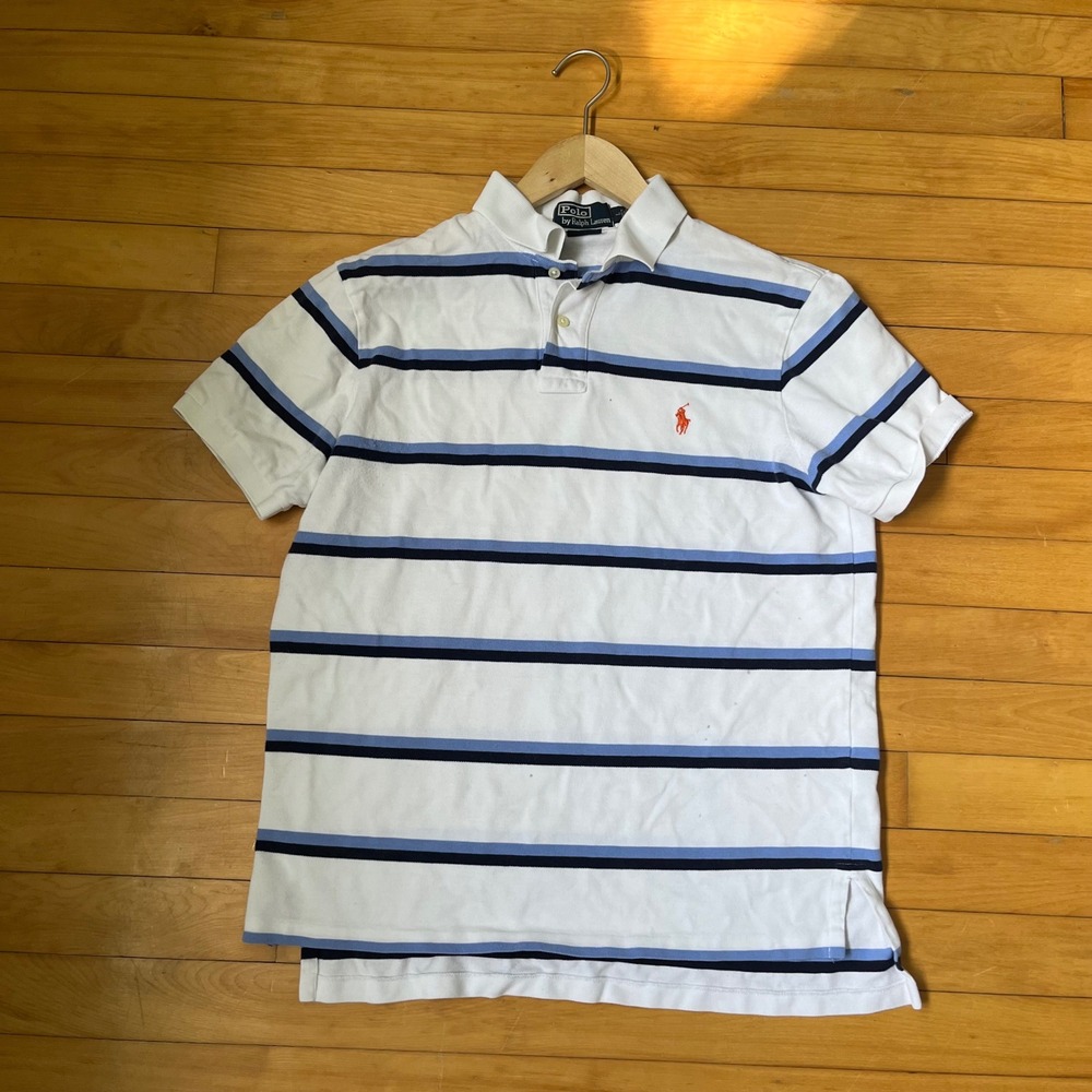 Polo Ralph Lauren Mens Custom Fit Striped Polo Shirt White Blue Orange Pony L